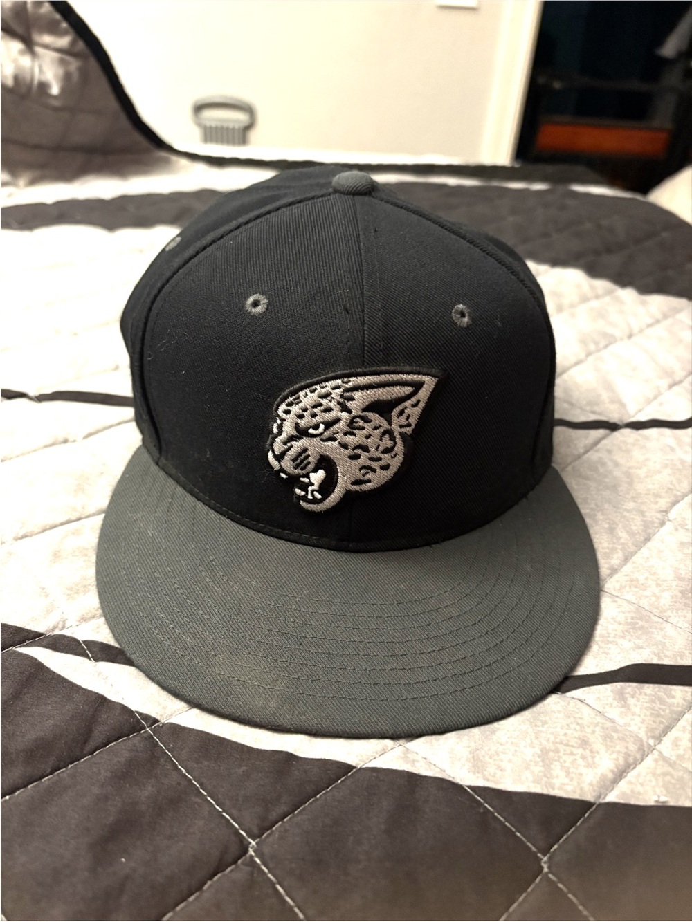 Men's Black and Gray Snapback Hat with Embroidered Jaguar Patch